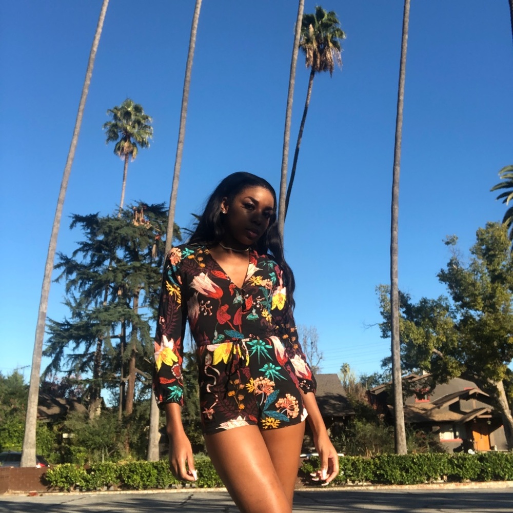 Black floral long sleeve shorts romper